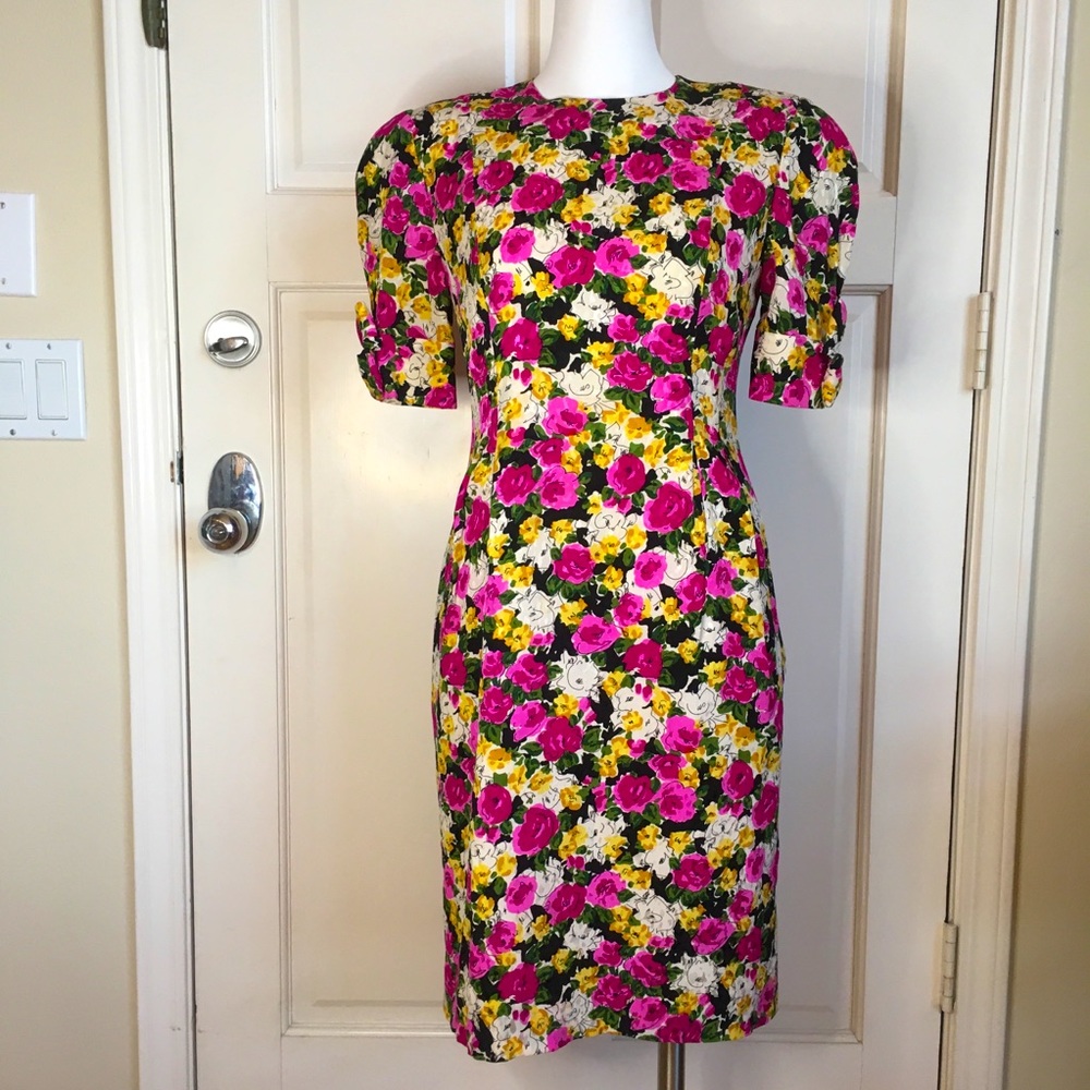 Vintage Albert Nipon Floral Silk Dress short sleeves 4 Pink Black Yellow White